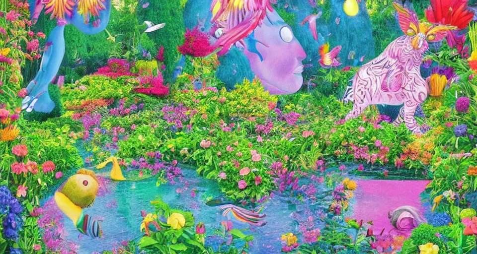 Prompt: bosch and lisa frank and beeple painting of a magnificent garden