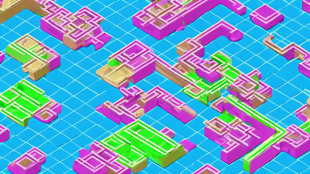 Prompt: vaporwave content clogs isometric puzzle game, intricate design clogs