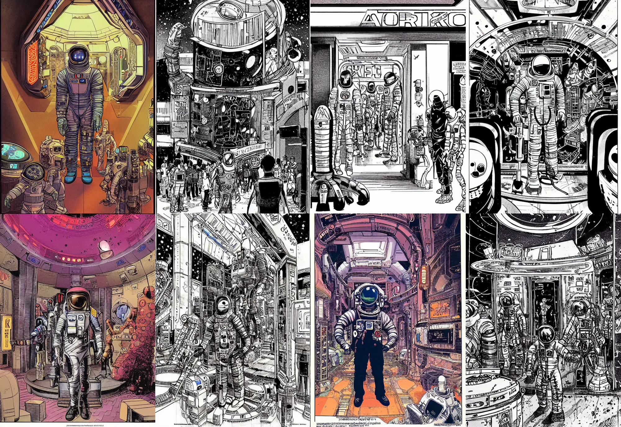 Prompt: an astronaut standing in the entrance to a bustling cyberpunk casino on mars, filled with people, robots, cyborgs, aliens, by michael mw kaluta