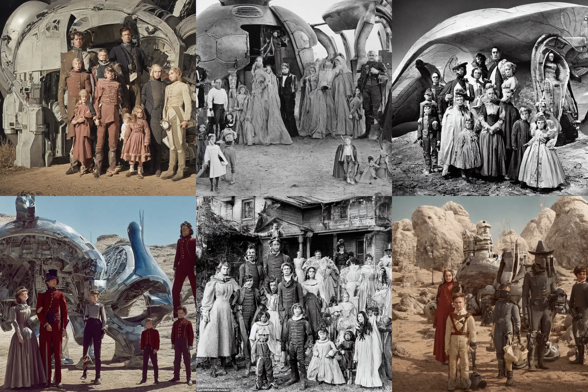 Prompt: sharp, detailed, 512k film still from a sci fi blockbuster color movie made in 2019, set in 1860, of a family standing in front of a spaceship that has just landed on an alien planet, a humanoid alien creature stands nearby, the family are all wearing 1860s era clothes, good lighting, good photography, sharp focus