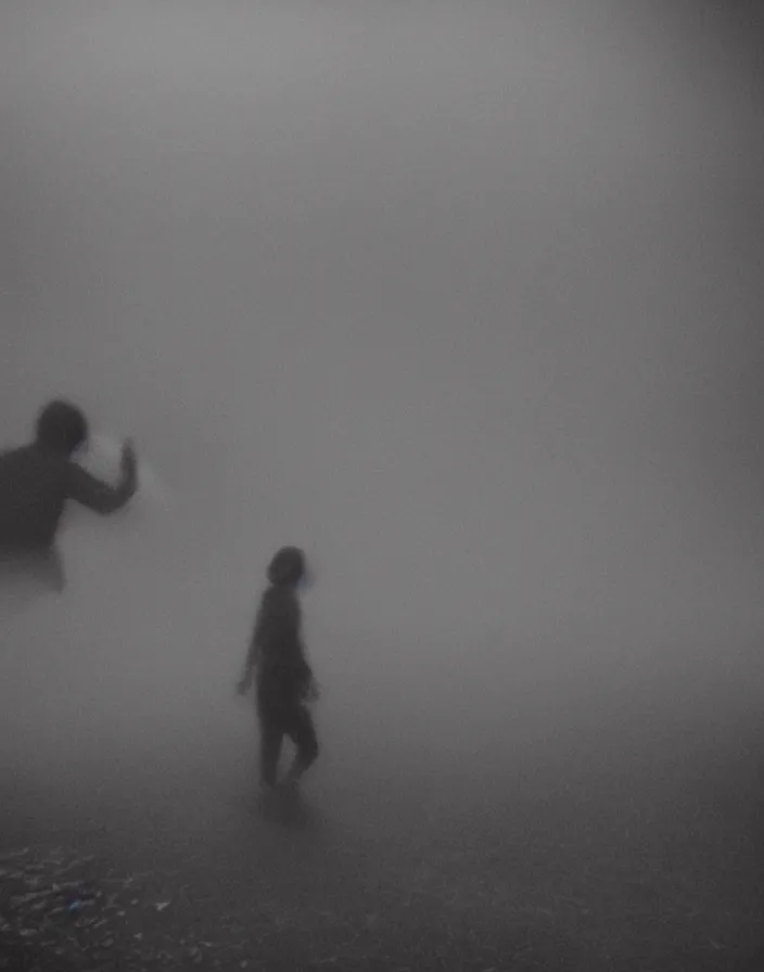 Image similar to very low - resolution found footage of a couple escaping in the city from a starfish kaiju monster, fog, foggy, korean film noir, monochrome, red hue, thriller, underdeveloped, epic, dramatic