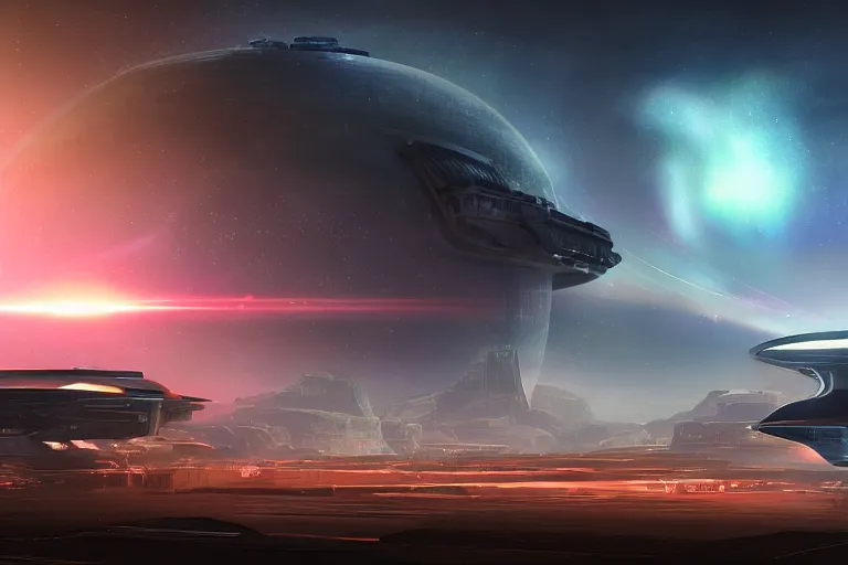 Image similar to a distant futuristic military installation, on the horizon, sleek, menacing, glowing lighting and neon signs, Raymond Swanland and Jessica Rossier nebula like clouds in space background near a ringed gas giant, hyper detailed hyper detailed, 8k, ultra realistic, cinematic lighting, ultra wide 35mm lens, Boeing Concept Art, Lockheed concept art