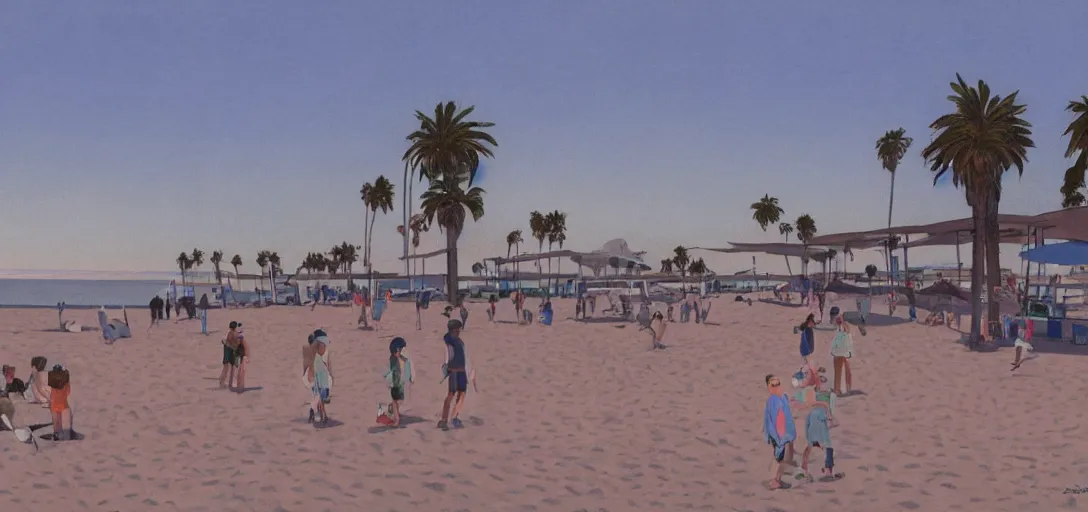 Prompt: futuristic local beach at l. a., beachfront boardwalk, visual development by lou romano, evening at dusk, santa monica state beach