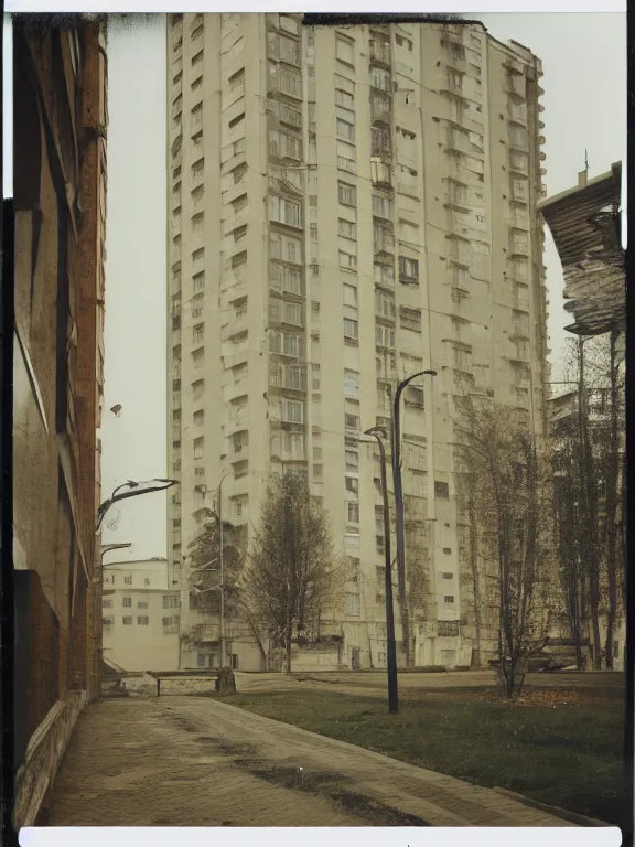 Image similar to polaroid photo of low residential building in russian suburbs, lights are on in the windows, deep night, post - soviet courtyard, cozy atmosphere, light fog, street lamps with orange light, several birches nearby, several elderly people stand at the entrance to the building