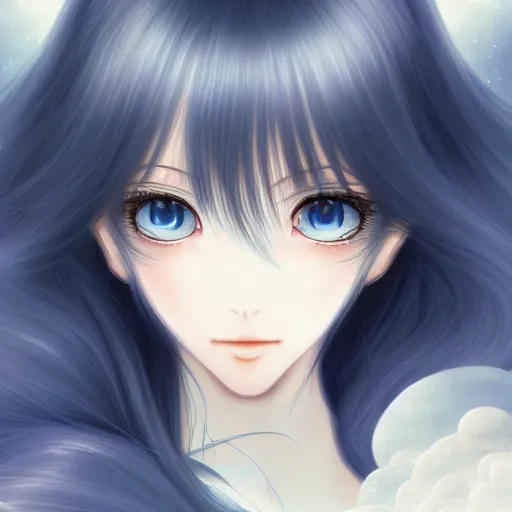 Image similar to An ultradetailed portrait of Japanese girl with white long hair, dark blue eyes, symmetrical facial features, digital art, cel shading, dreamy and ethereal, by Shinkai Makoto ,Kyoto Animation, anime illustration, trending on Pixiv.