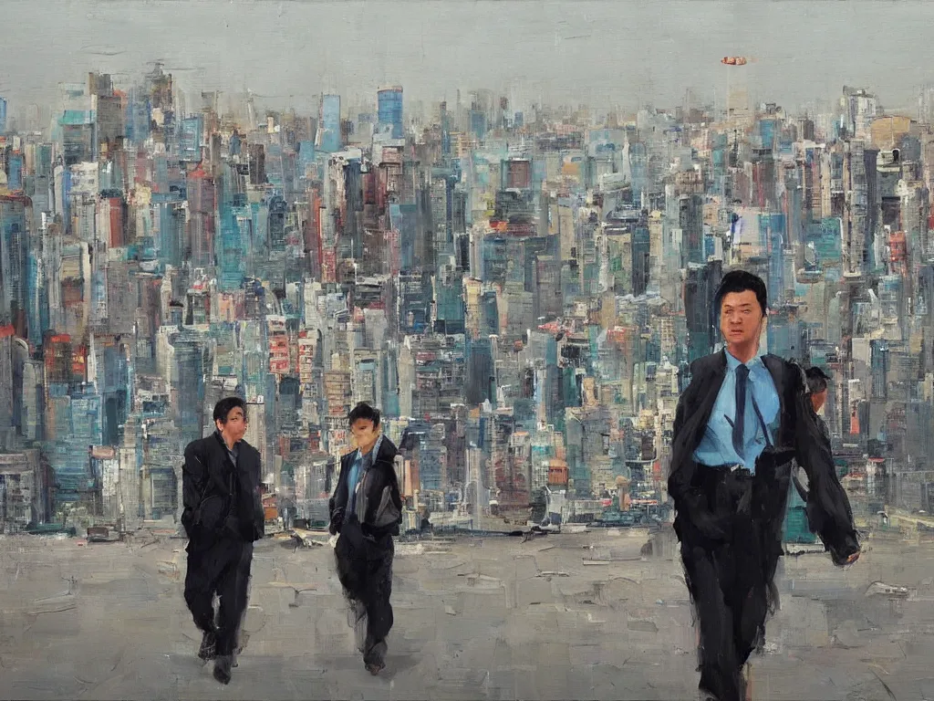 Prompt: ‘The Center of the World’ (Liu Xiaodong oil painting, large brushstrokes, colorful city landscape) was filmed in Beijing in April 2013 depicting a white collar office worker. A man in his early thirties – the first single-child-generation in China. Representing a new image of an idealized urban successful booming China.