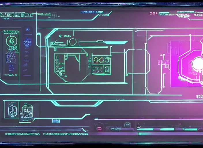 Image similar to simple cyberpunk graphics user interface ( gui ) depicting operational controls of a mech robot in the style of ghost in the shell. design by mark coleran or jayse hansen ( 1 9 9 1 )