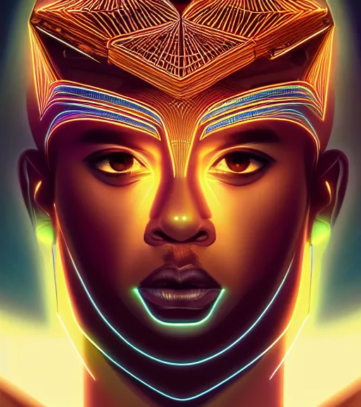 Image similar to symmetry!! egyptian prince of technology, solid cube of light, hard edges, product render retro - futuristic poster scifi, lasers and neon circuits, brown skin man egyptian prince, intricate, elegant, highly detailed, digital painting, artstation, concept art, smooth, sharp focus, illustration, dreamlike, art by artgerm