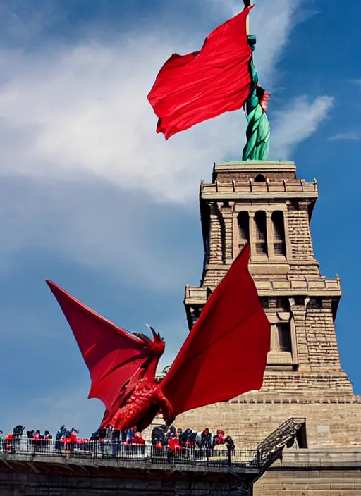 Image similar to red dragon under statue of liberty