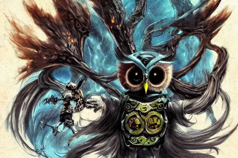 Prompt: the undefeatable, insurmountable, all - seeing enchanting necro - owl of time, able to control all abstractions and elude the physical world through mesmerising quantum - flight. fury. dark night. dark fantasy concept art.