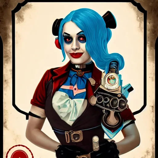 Image similar to lofi bioshock steampunk portrait of harley quinn cosplay, Pixar style, by Tristan Eaton Stanley Artgerm and Tom Bagshaw.