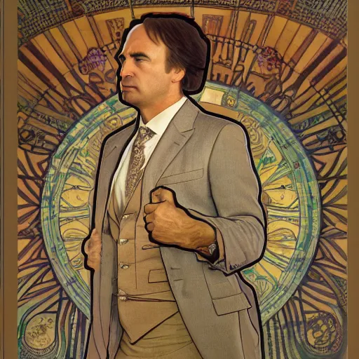 Image similar to saul goodman portrait picture by alfons mucha, golden hour, realistic, body shot, sharp focus, 8 k high definition, insanely detailed, intricate, elegant, cherry blossoms