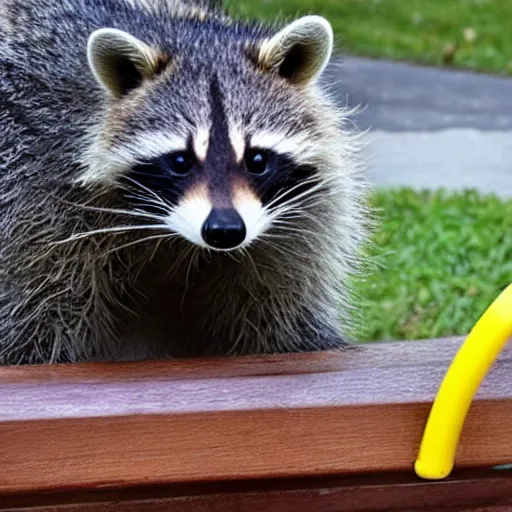 Image similar to angry raccoon vandalizing a children's playground