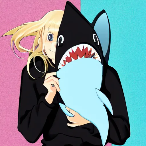 Image similar to a blonde girl in a black hoodie holding a blue-shark-stuffed-animal, anime style digital art