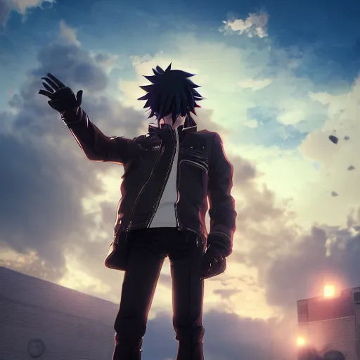 Image similar to an epic anime of a man energy, leather jacket, leather gloves, ghibli, unreal 5, octane render, rpg portrait, dynamic lighting, epic, epic anime, 2 d