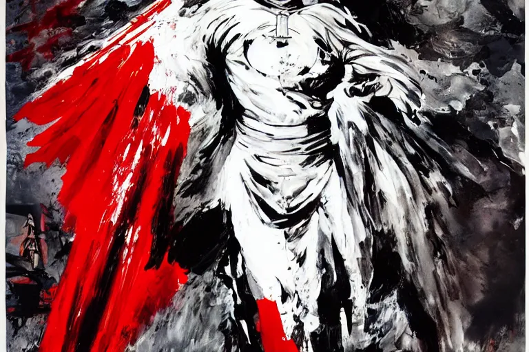 Image similar to movie still of akira ( 1 9 8 8 ) tetsuo in a white superhero suit and red cape, by ashley wood, 6 0's french movie poster, french impressionism, palette knife and wide brush strokes, black and white only