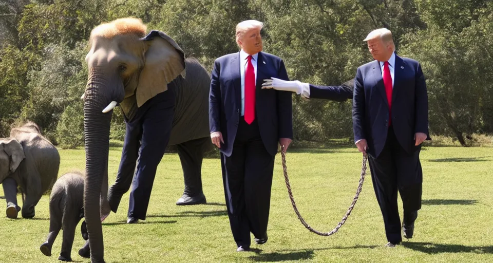 Image similar to a photo of donald trump walking an elephant on a leash