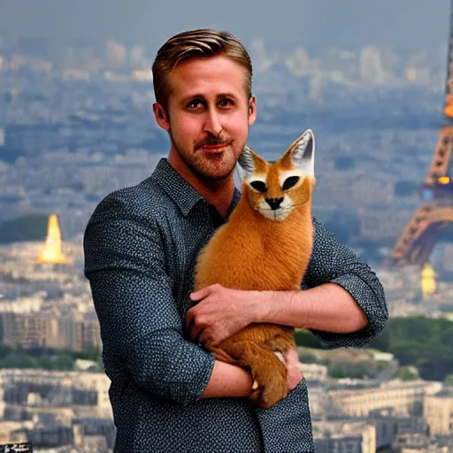 Image similar to Ryan Gosling holds a caracal cat in his hands against the backdrop of the Eiffel Tower, photography award winning