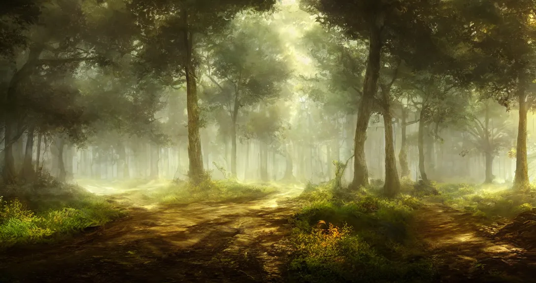 Prompt: road in a forest, giant mushrooms, morning light, mist, highly detailed, fantasy art, myst engine