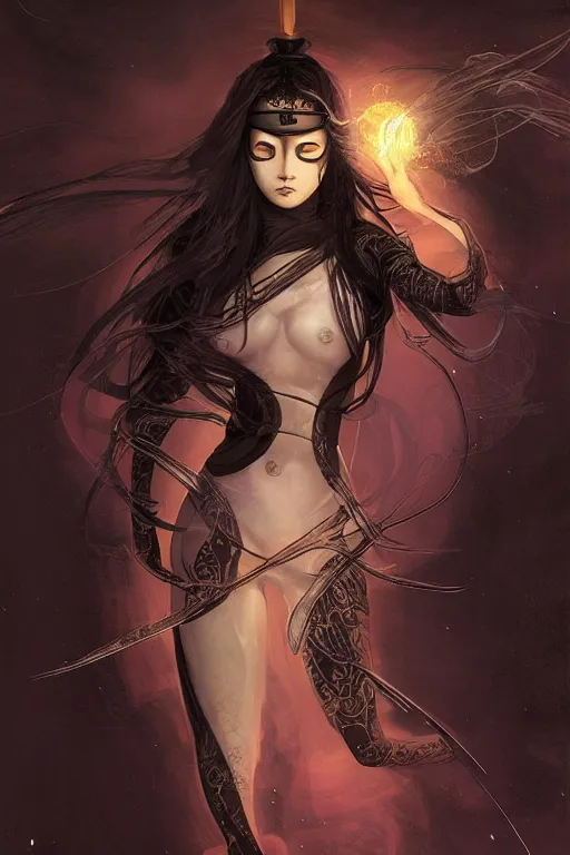 Image similar to beautiful mystery and gorgerous and black magic and stunning female ninja with face mask portrait+smoky eyes+light flowing hair, in mudra and firefly night ruin tokyo temple, ultradetail face, art and illustration by tian zi and craig mullins and WLOP and alphonse mucha, dynamic light, ssci-fi, fantasy, intricate complexity, fantasy world concept, watermark, blurry, hyperrealism 8k