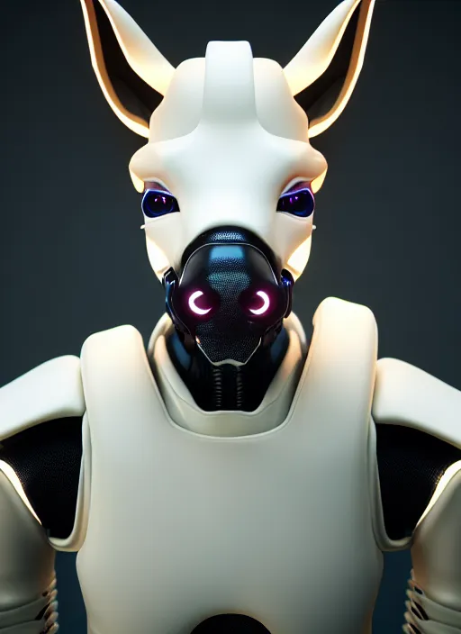 Image similar to hyper detailed ultra sharp portrait of a beautiful fashionable porcelain ivory cyberpunk scifi robo donkey with glowing eyes, up close shot, sharp focus, global illumination, radiant light, black haute couture, alexandre ferra, irakli nadar, octane render, 4 k, ultra hd,