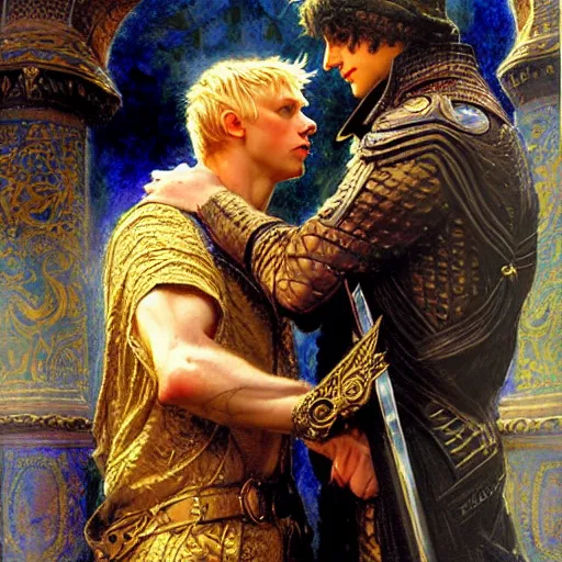 Image similar to stunning arthur pendragon in love with stunning male merlin the mage. they are close to each other, touching, looking. highly detailed painting by gaston bussiere, craig mullins, j. c. leyendecker