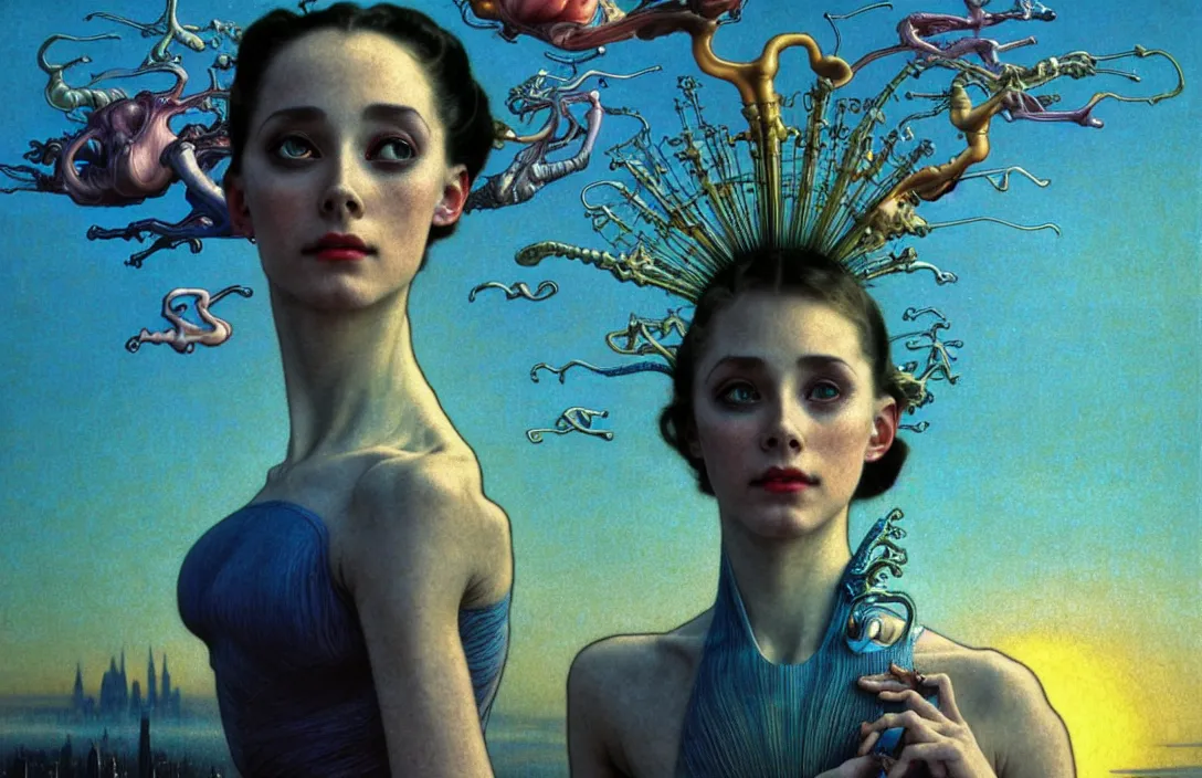 Image similar to realistic detailed portrait movie shot of a prima ballerina wearing a dark robes, sci fi city landscape background by denis villeneuve, amano, yves tanguy, alphonse mucha, ernst haeckel, max ernst, roger dean, masterpiece, rich moody colours, dog teeth, blue eyes, sunset