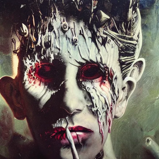Prompt: Razorpunk the wailing banshee trumpets your name and bursts your eardrums with her sonic assault nicola samori jonas de ro jim mahfood christian schad ilya repin giorgio de chirico giotto leonardo da vinc oil painting