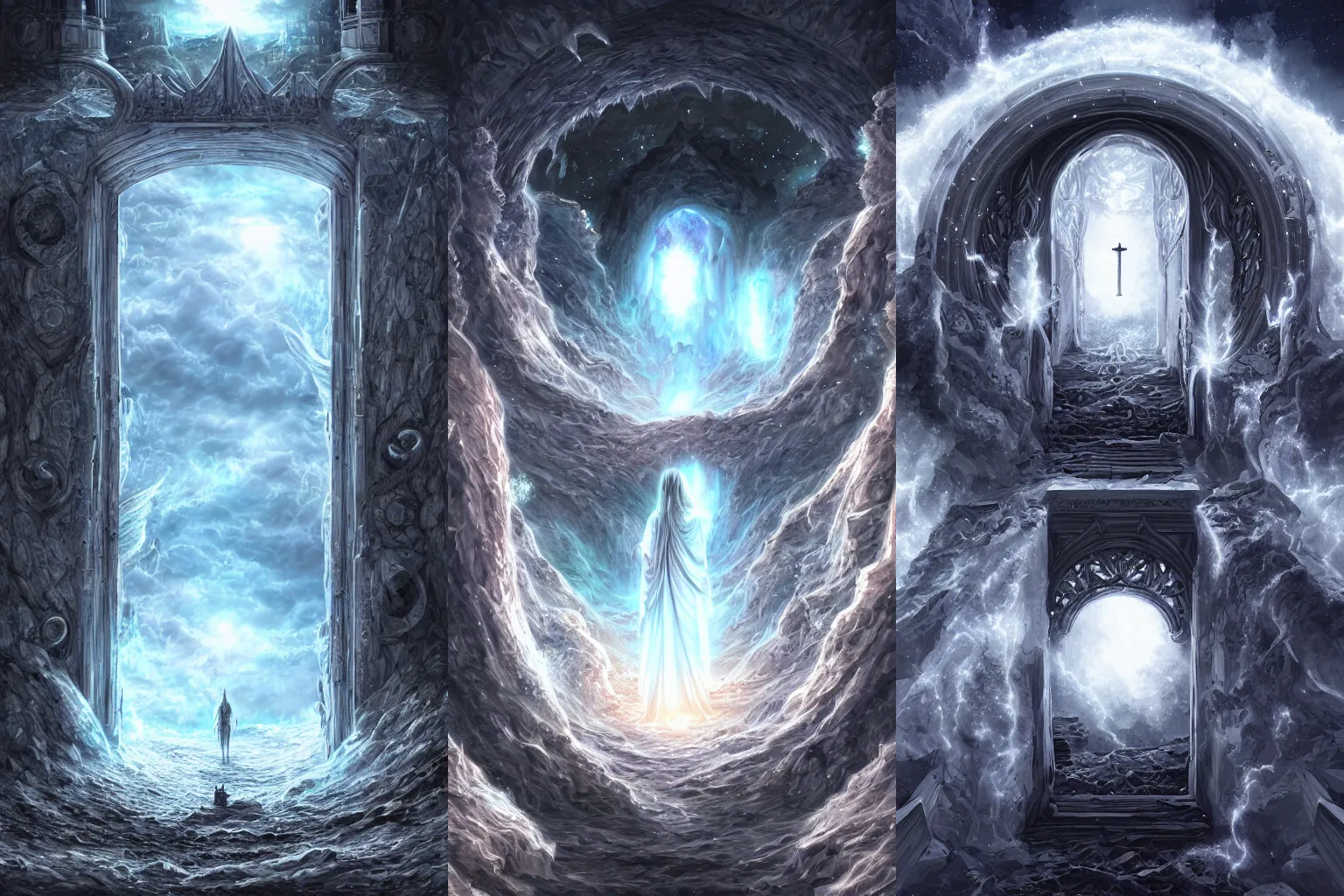 Prompt: The gate to the eternal kingdom of white holes, fantasy, digital art, HD, detailed.