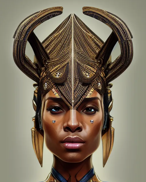 Prompt: symmetry, shaka zulu head dress, lines, machine face, intricate, elegant, highly detailed, digital painting, artstation, cgsociety, concept art, smooth, sharp focus, illustration, art by artgerm and greg rutkowski and alphonse mucha, 8 k