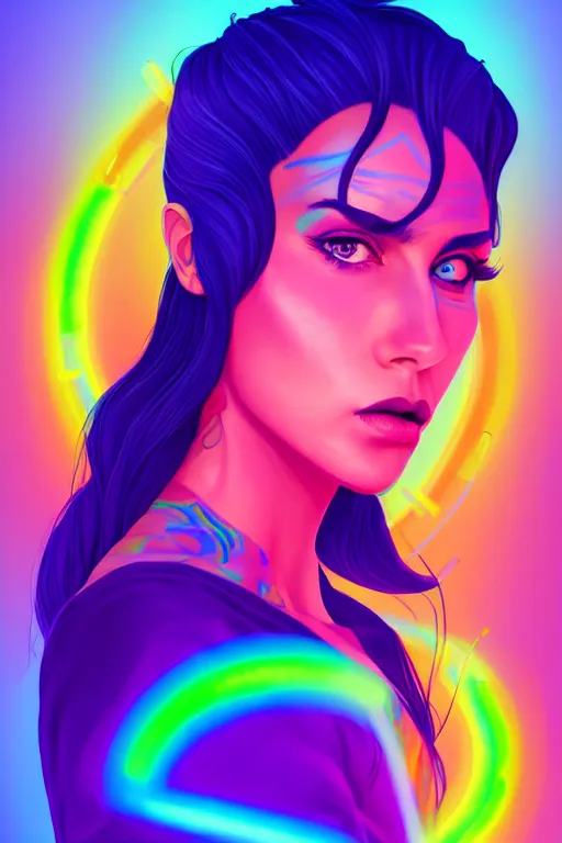 Prompt: a award winning portrait of a beautiful woman with stunning eyes in a one off shoulder croptop and cargo pants with rainbow colored hair, outlined by whirling illuminated neon lines and fine lines swirling in circles by rhads, digital art, trending on artstation