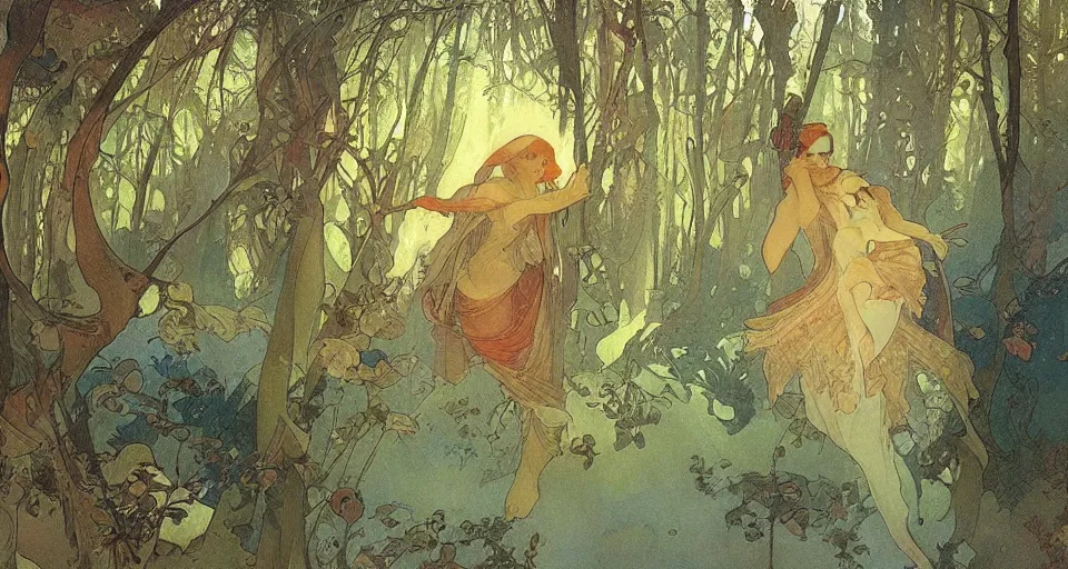 Prompt: Enchanted and magic forest, by Alfons Maria Mucha