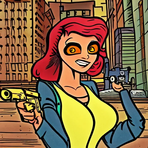 Prompt: young woman in city street holding a pistol, highly detailed Ralph Bakshi cartoon artstyle