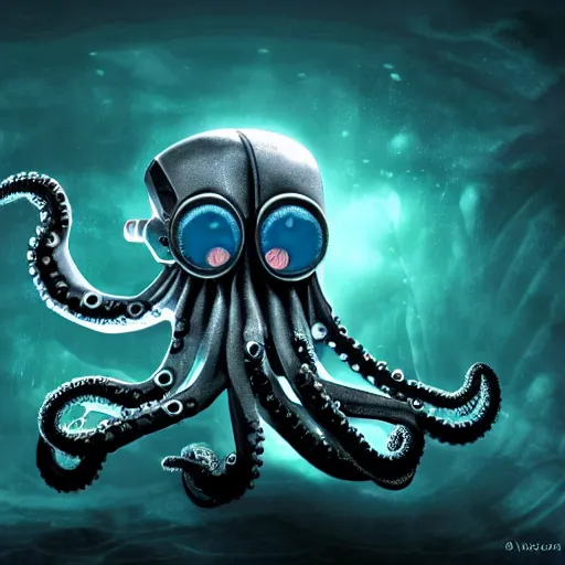 Image similar to a robot cyborg octopus, half octopus half machine, glowing eyes, underwater, murky, dark, ominous, film still