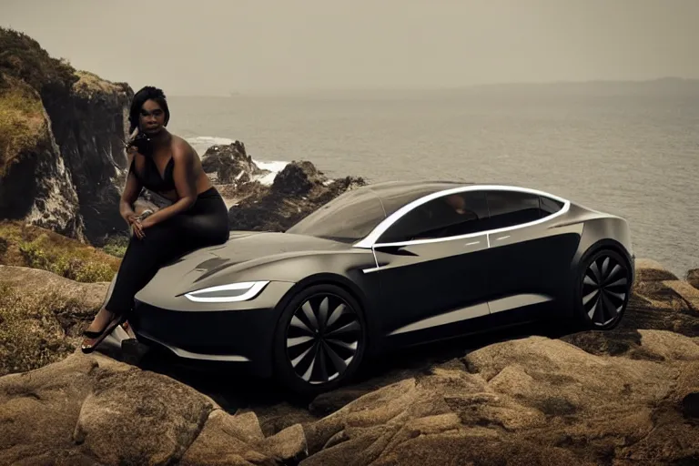 Image similar to photo of a gorgeous black model sitting on a Sci-fi Tesla on a cliff on the ocean By Emmanuel Lubezki