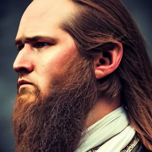 Prompt: hyperrealistic photograph of a brown-haired viking Alexander Hamilton, 8k, profile picture, cinematic, high contrast, epic real fantasy, stoic facial expression, looking at the camera