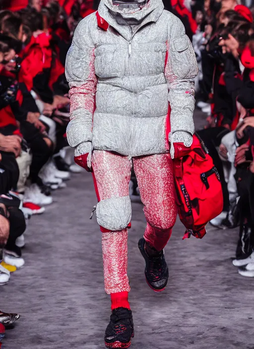 Image similar to hyperrealistic and heavy detailed moncler runway show of whole lotta red by playboi carti, leica sl 2 5 0 mm, vivid color, high quality, high textured, real life