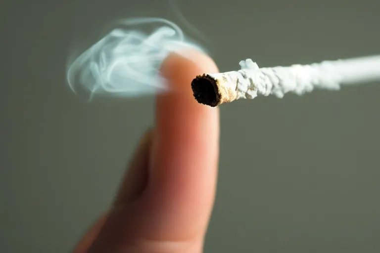 Image similar to Close-up of thin soft hand holding cigarette in it with smoke, hyper realistic, high details, photo, super resolution