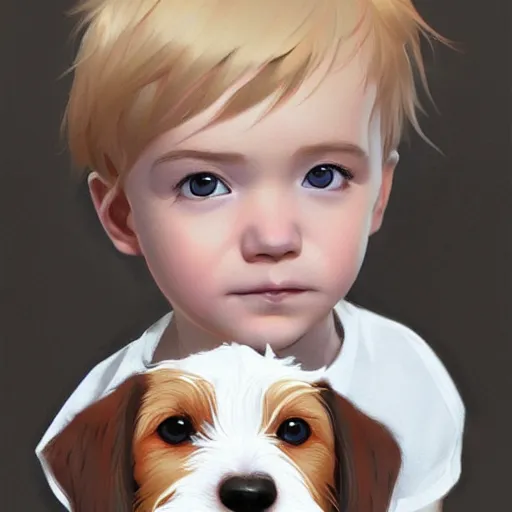 Prompt: a baby boy with straight blonde hair and blue eyes sitting with a very cute wire haired jack russell terrier puppy, white with brown patches over both eyes. detailed, high quality painting by artgerm and greg rutkowski and ilya kuvshinov