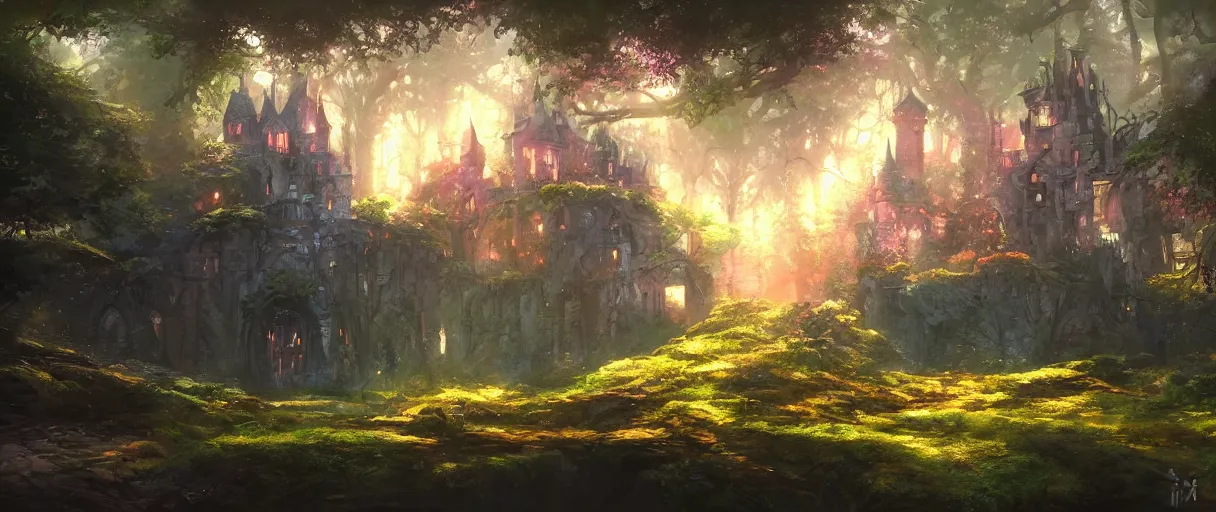 Prompt: magical castle in the forest behind a garden, concept art, digital painting, style of jordan grimmer, warm lighting, futuristic, volumetric lighting, view from below, vivid colours, bright, daytime, godrays, high detail