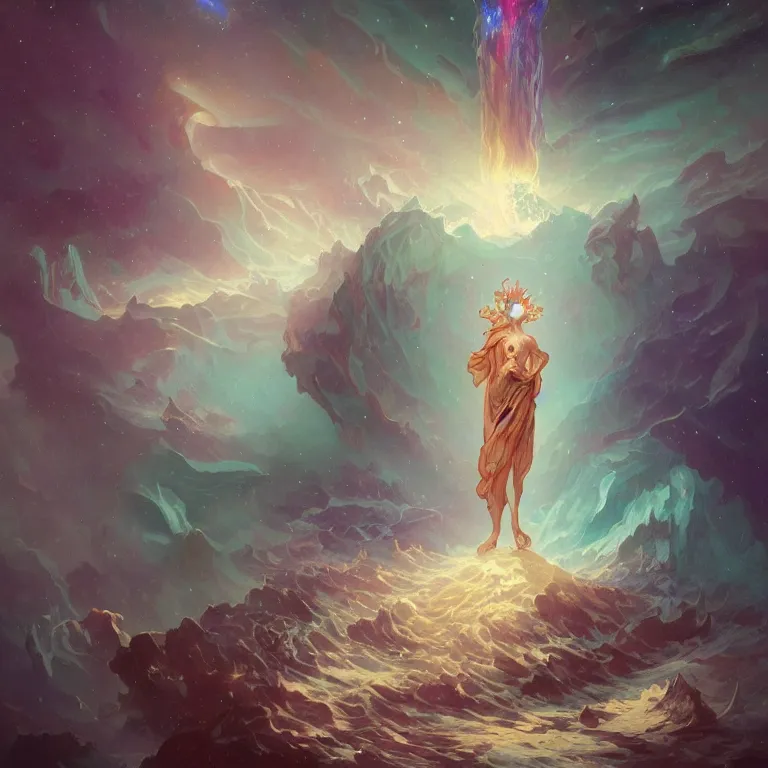 Image similar to bright eyes full of cosmic nebulae drowning in a boiling ocean, concept art, nostalgic melancholic artwork, by Peter Mohrbacher and Alphonse Mucha, detailed, style, 8k, trending on artstation, unreal engine 4k, detailed, clean background trending, full shot, symmetrical portrait, sophisticated, Unreal engine, dystopia, anti-utopia, post processing, psychadelic