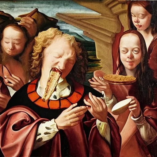 Image similar to satan eating Mr Kipling's french fancies, renaissance painting