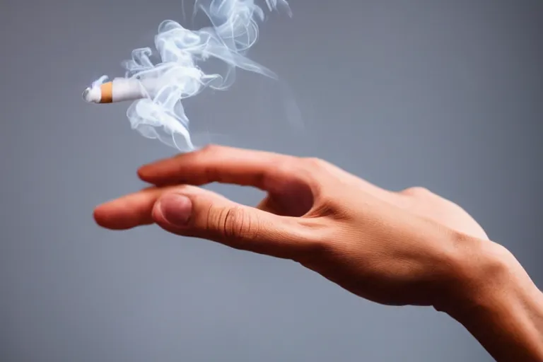 Image similar to Close-up of thin soft hand holding cigarette, with smoke, hand with five fingers, hyper realistic, high details, photo, super resolution