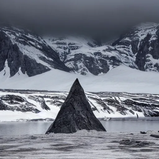 Image similar to a artic landscape with a large, satanic temple on it. mountains that are snow capped are in the background. there is a group of black hooded cultists at the top of the satanic temple. overcast sky, snowing, grainy.