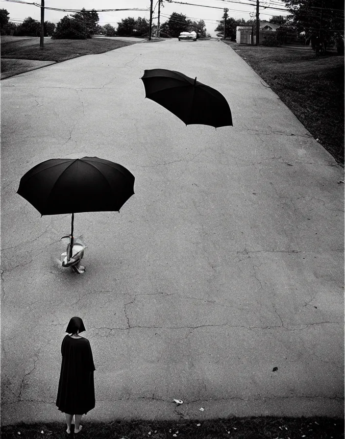 Image similar to “ gregory crewdson, photograph, quiet american neighborhood, a woman waiting with a black umbrella ”