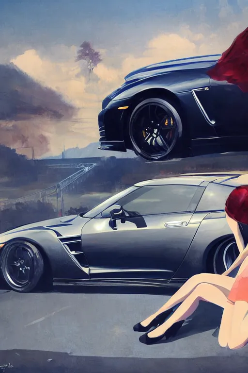 Image similar to A ultradetailed beautiful panting of a stylish woman sitting on a Nissan GTR, Oil painting, by Ilya Kuvshinov, Greg Rutkowski and Makoto Shinkai