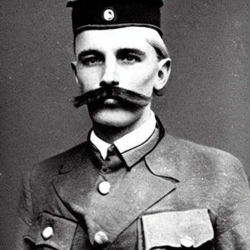 Image similar to an old photo of a soldier with long blonde hair and long blonde moustache