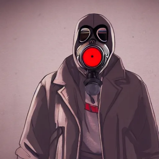 Prompt: hooden villain wearing a gas mask with red goggles, smoke coming out of his long coat, dark background, wall with graffiti, unreal engine 5, ultra realistic, detailed, fog, studio ghibli inspired,