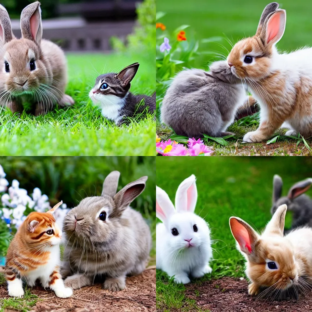 Prompt: A cute bunny and a cute kitten playing in the yard