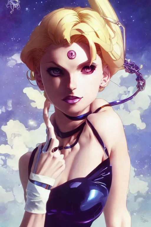 Image similar to blonde sailor moon as aeon flux, by Stanley Artgerm Lau, greg rutkowski, Craig mullins, Peter chung, thomas kindkade, alphonse mucha, loish,